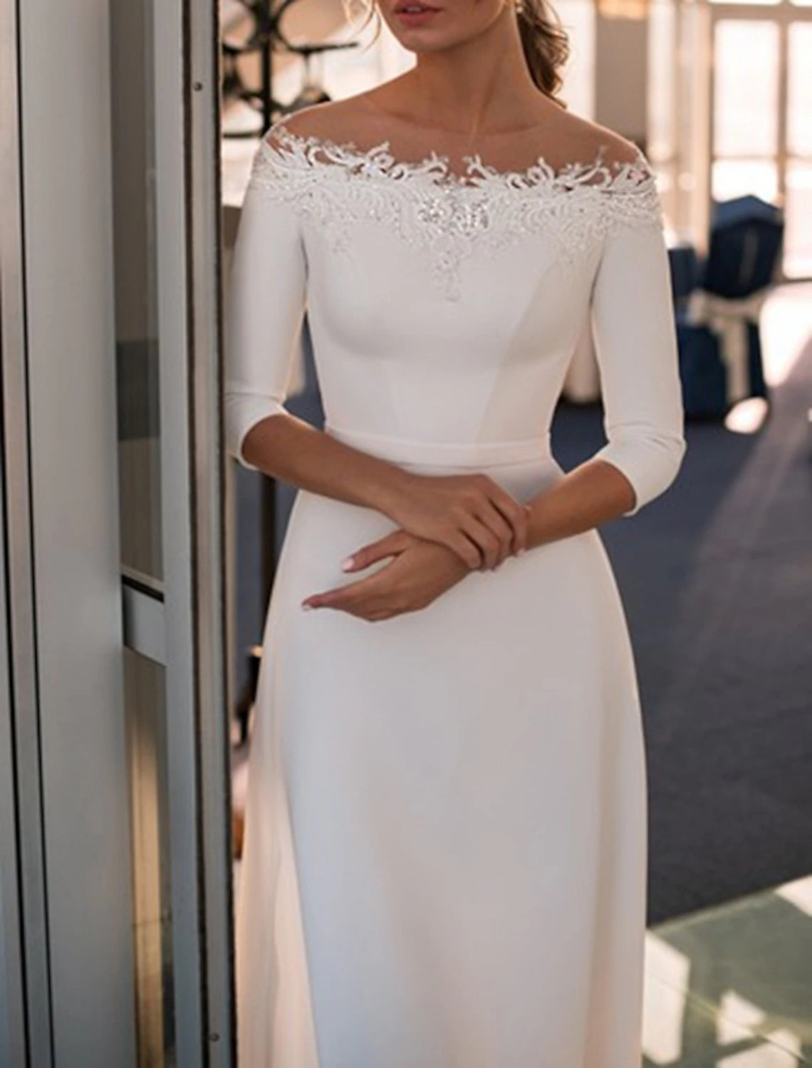 Engagement Formal Wedding Dresses A-Line Off Shoulder 3/4 Length Sleeve Sweep / Brush Train Lace Bridal Gowns