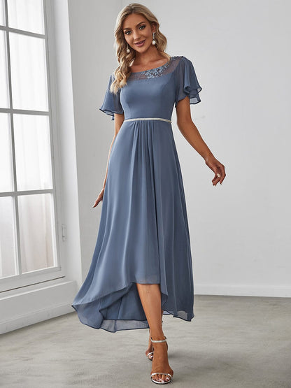 Weitese Chiffon Ruffle Sleeves Asymmetrical Hem Mother of the Bride Dress