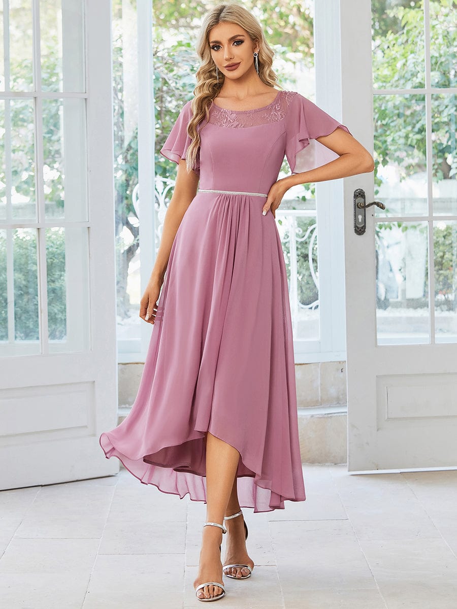 Weitese Chiffon Ruffle Sleeves Asymmetrical Hem Mother of the Bride Dress