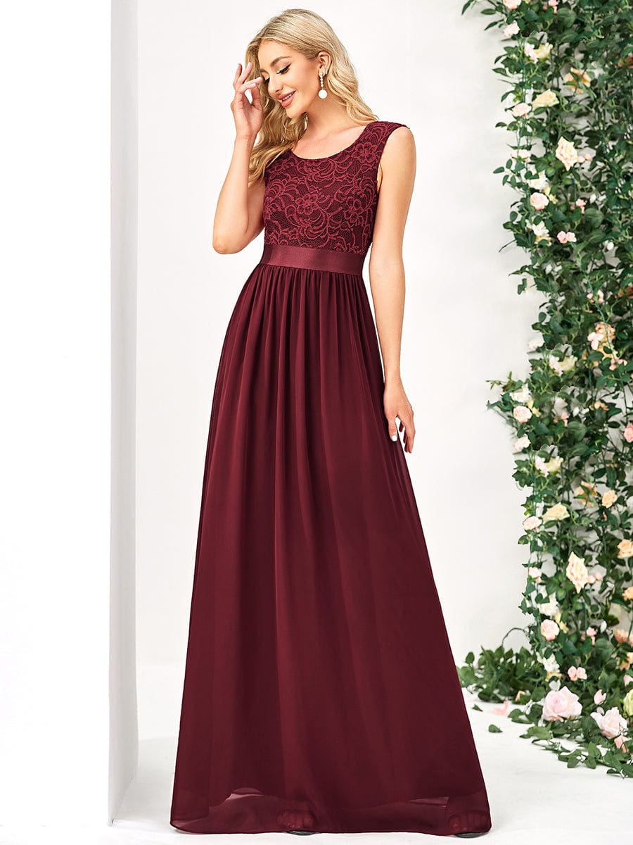 Weitese Classic Round Neck V Back Lace Bodice Bridesmaid Dress