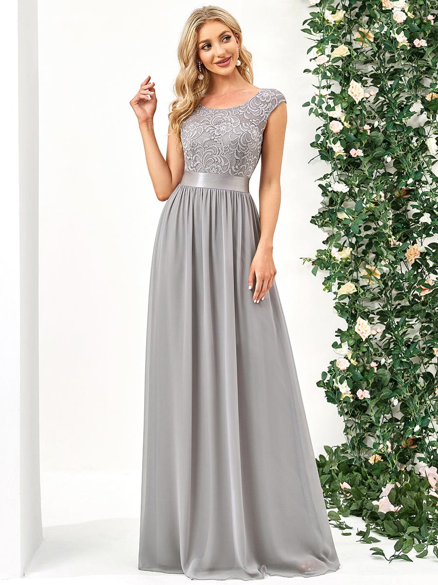 Weitese Classic Round Neck V Back Lace Bodice Bridesmaid Dress