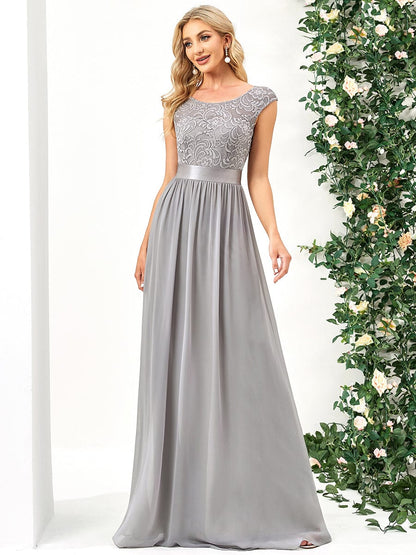 Weitese Classic Round Neck V Back Lace Bodice Bridesmaid Dress