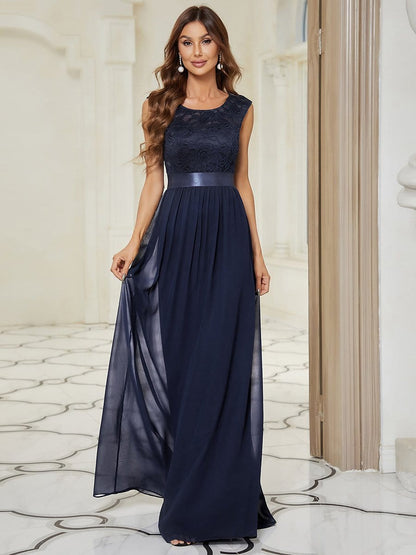 Weitese Classic Round Neck V Back Lace Bodice Bridesmaid Dress