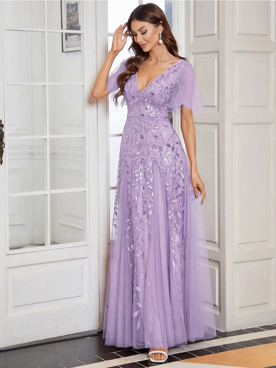 Weitese Shimmery V Neck Ruffle Sleeves Sequin Maxi Long Evening Dress