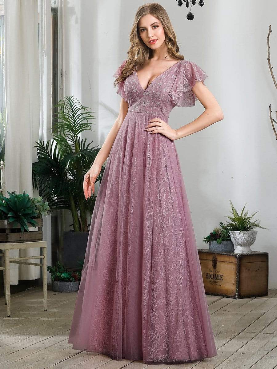 Weitese Double V Neck Long Lace Evening Dress with Ruffle Sleeves