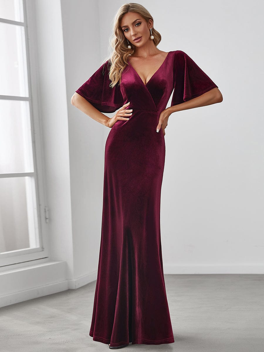 Weitese Elegant Double V Neck Velvet Party Dress with Sleeves