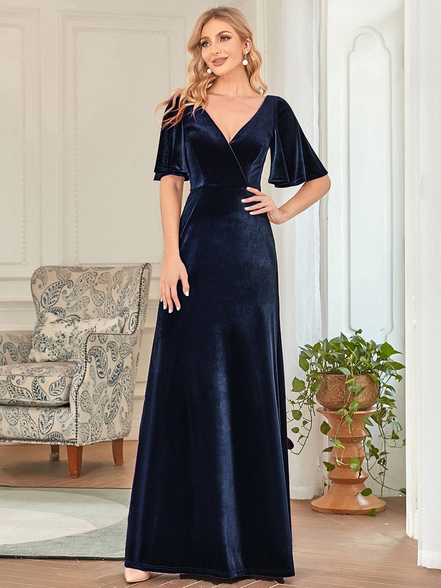 Weitese Elegant Double V Neck Velvet Party Dress with Sleeves