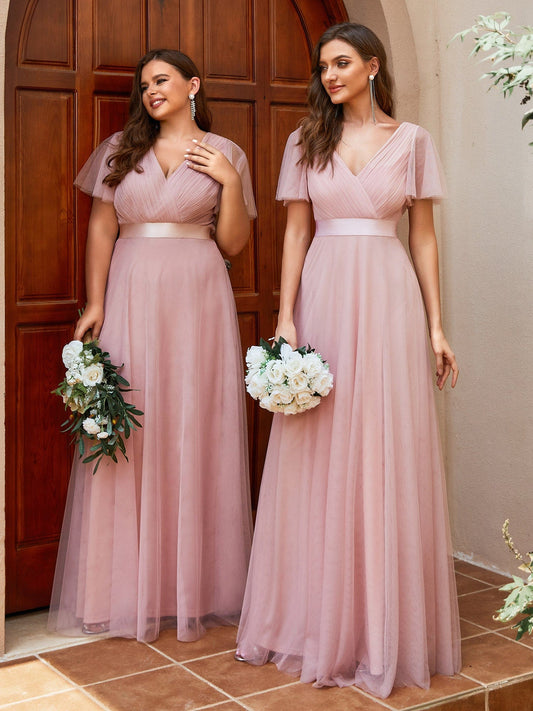 Weitese Double V-Neck Floor-Length Short Sleeve Tulle Bridesmaid Dresses