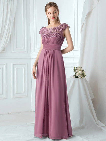 Weitese Elegant Lace Cap Sleeve Maxi Long Chiffon Bridesmaid Dress