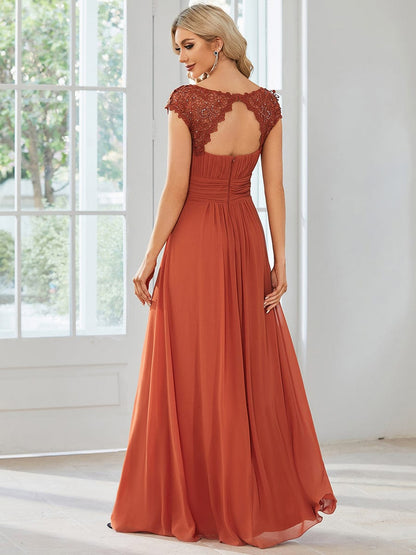 Weitese Elegant Floor-Length Lace Cap Sleeve Bridesmaid Dress