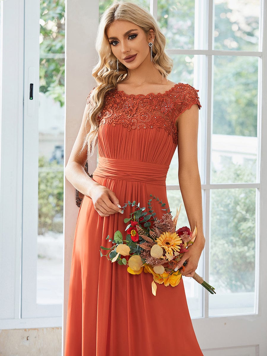 Weitese Elegant Floor-Length Lace Cap Sleeve Bridesmaid Dress