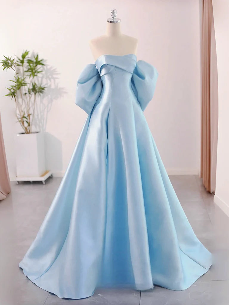 A-Line Sweetheart Neck Satin Blue Long Prom Dress