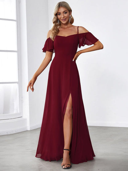 Weitese Stylish Cold Shoulder Flare Sleeves Flowy Bridesmaid Dress