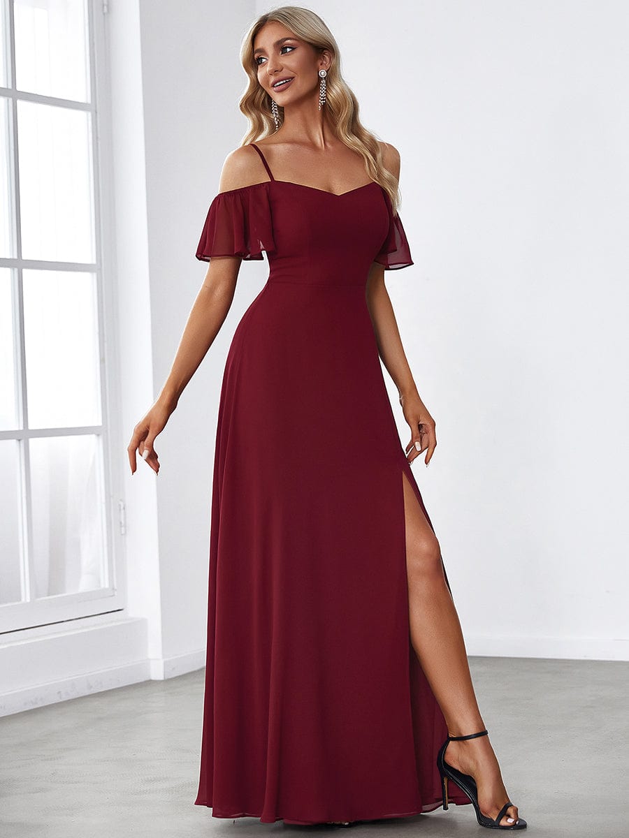 Weitese Stylish Cold Shoulder Flare Sleeves Flowy Bridesmaid Dress