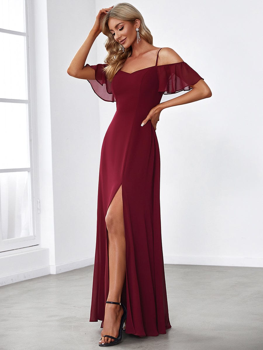 Weitese Stylish Cold Shoulder Flare Sleeves Flowy Bridesmaid Dress