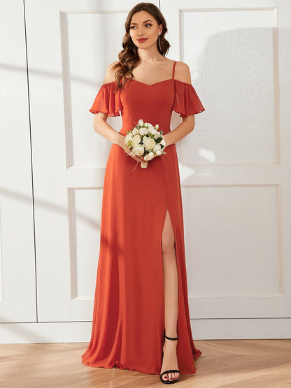 Weitese Stylish Cold Shoulder Flare Sleeves Flowy Bridesmaid Dress