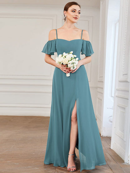 Weitese Stylish Cold Shoulder Flare Sleeves Flowy Bridesmaid Dress