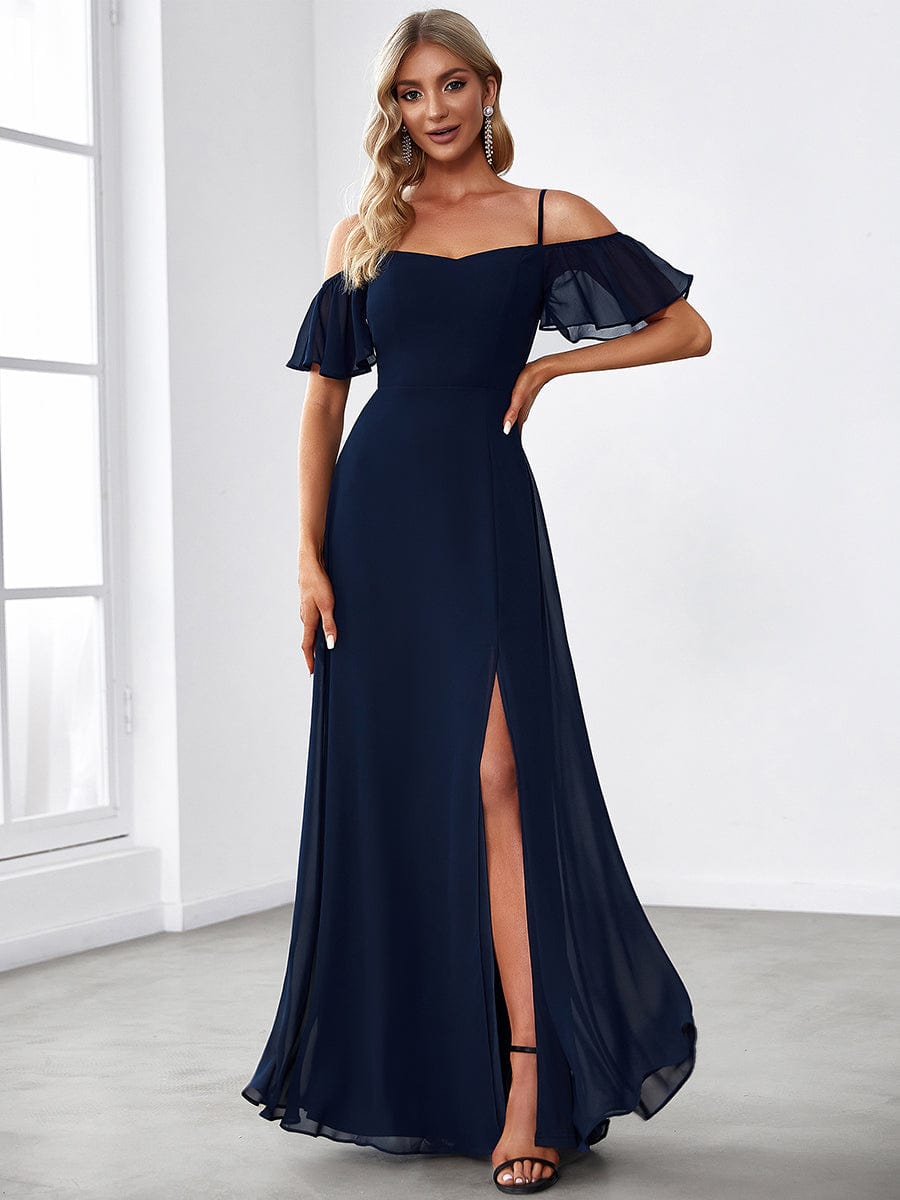 Weitese Stylish Cold Shoulder Flare Sleeves Flowy Bridesmaid Dress