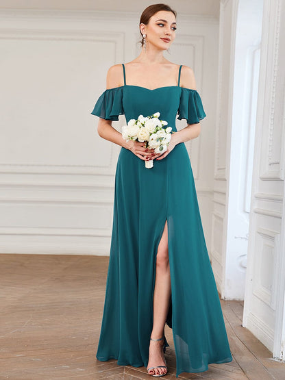 Weitese Flowy Cold Shoulder Flare Sleeves Bridesmaid Dress with Side Slit