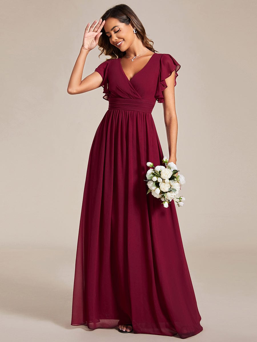 Weitese Back Cutout A-Line Pleated Ruffles Sleeve Chiffon Bridesmaid Dress