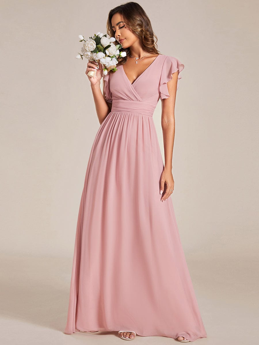 Weitese Back Cutout A-Line Pleated Ruffles Sleeve Chiffon Bridesmaid Dress