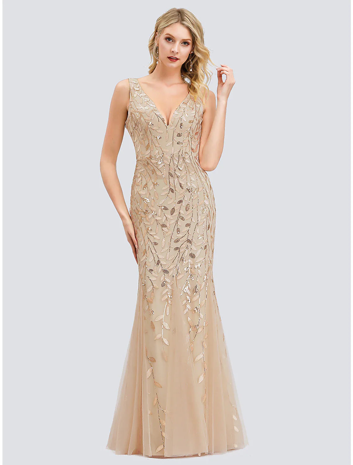 Evening Valentine's Day Dress V Neck V Back Sleeveless Floor Length Tulle with Sequin Appliques