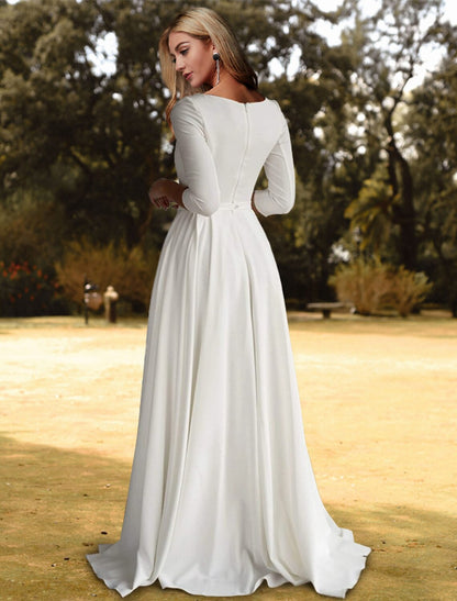 Weitese Hall Casual Wedding Dresses A-Line Scoop Neck 3/4 Length Sleeve Sweep / Brush Train Stretch Fabric Bridal Gowns With Pleats Solid Color