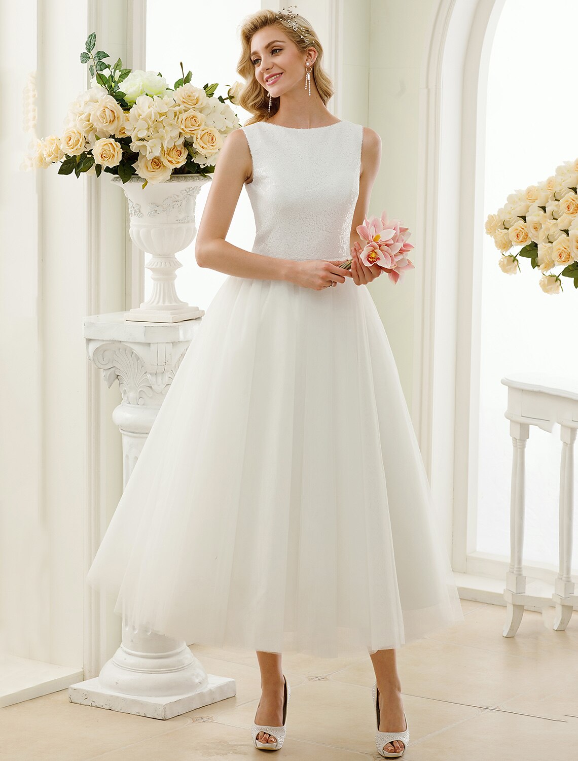 Weitese Reception Sparkle & Shine Little White Dresses Wedding Dresses A-Line Scoop Neck Sleeveless Tea Length Tulle Bridal Gowns With Lace Sequin