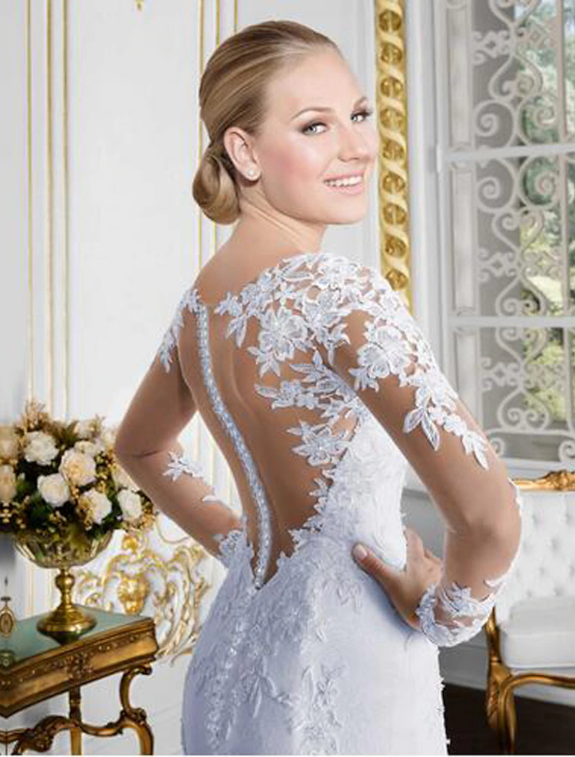 Weitese Open Back Sexy Formal Wedding Dresses Mermaid / Trumpet Illusion Neck Long Sleeve Chapel Train Lace Bridal Gowns With Lace Appliques