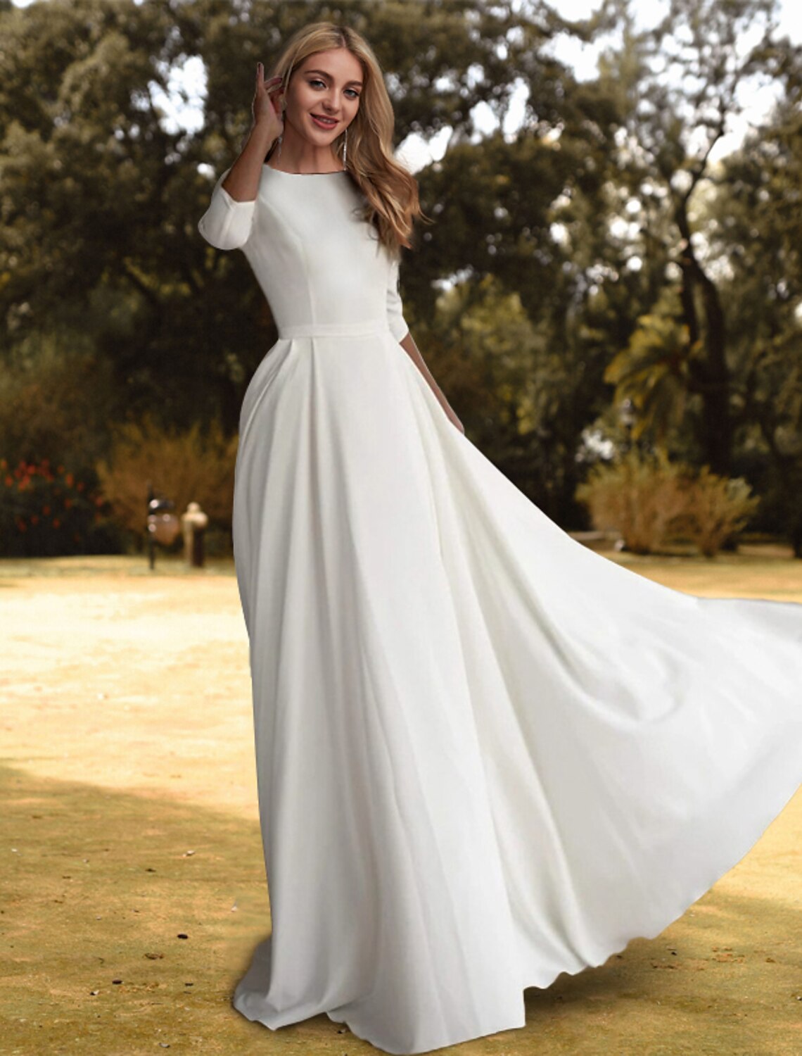 Weitese Hall Casual Wedding Dresses A-Line Scoop Neck 3/4 Length Sleeve Sweep / Brush Train Stretch Fabric Bridal Gowns With Pleats Solid Color