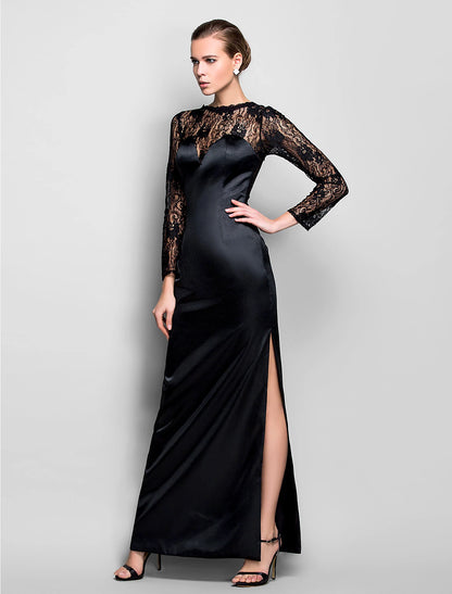 Weitese Sheath / Column See Through Dress Formal Evening Military Ball Floor Length Long Sleeve Illusion Neck Lace with Split Front