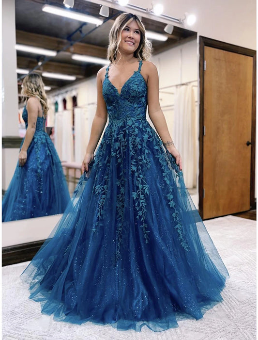 Weitese Ball Gown A-Line Prom Dresses Sparkle & Shine Dress Formal Wedding Party Dress Floor Length Sleeveless V Neck Tulle Backless with Glitter Appliques