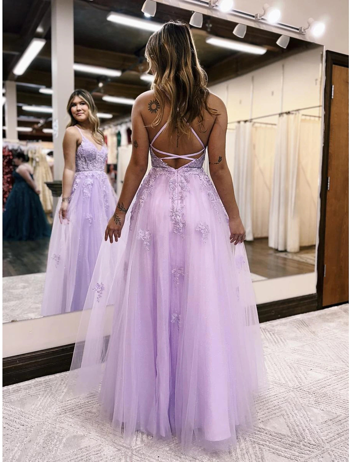 Weitese A-Line Evening Gown Open Back Dress Formal Prom Floor Length Sleeveless V Neck Tulle Backless with Beading Slit Appliques