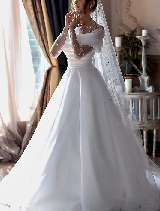 Simple Wedding Dresses Wedding Dresses A-Line V Neck Long Sleeve Court Train Chiffon Bridal Gowns