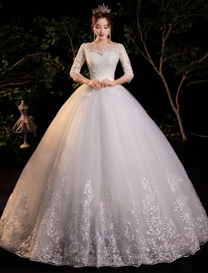 Weitese Reception Formal Wedding Dresses Ball Gown Illusion Neck Half Sleeve Floor Length Lace Bridal Gowns With Appliques