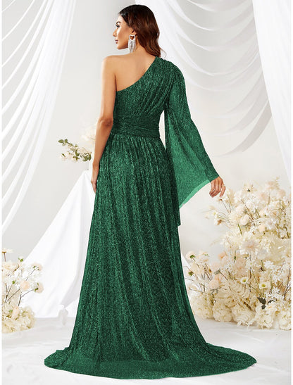 Weitese A-Line Wedding Guest Dresses Sparkle Christmas Green Dress Formal Evening Party Sweep / Brush Train Long Sleeve One Shoulder Polyester with Glitter Slit