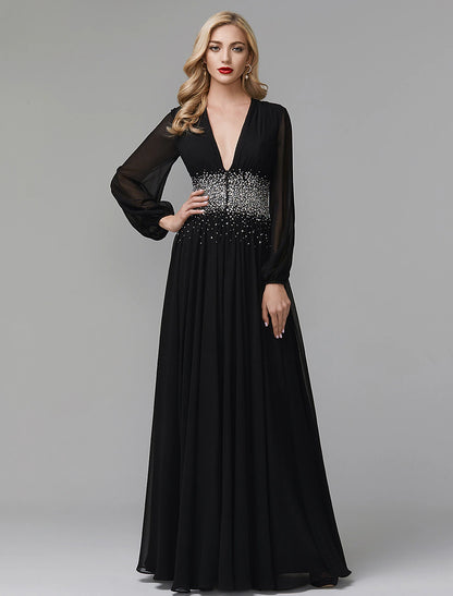 Weitese A-Line Evening Dress Celebrity Red Carpet Formal Gown Party Dress Black Tie Wedding Guest Floor Length Long Sleeve V Neck Chiffon with Sequin