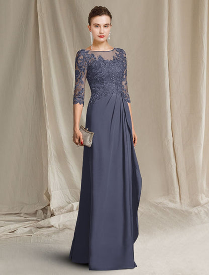 Weitese A-Line Mother of the Bride Dress Elegant V Neck Floor Length Chiffon Lace Half Sleeve with Draping Appliques