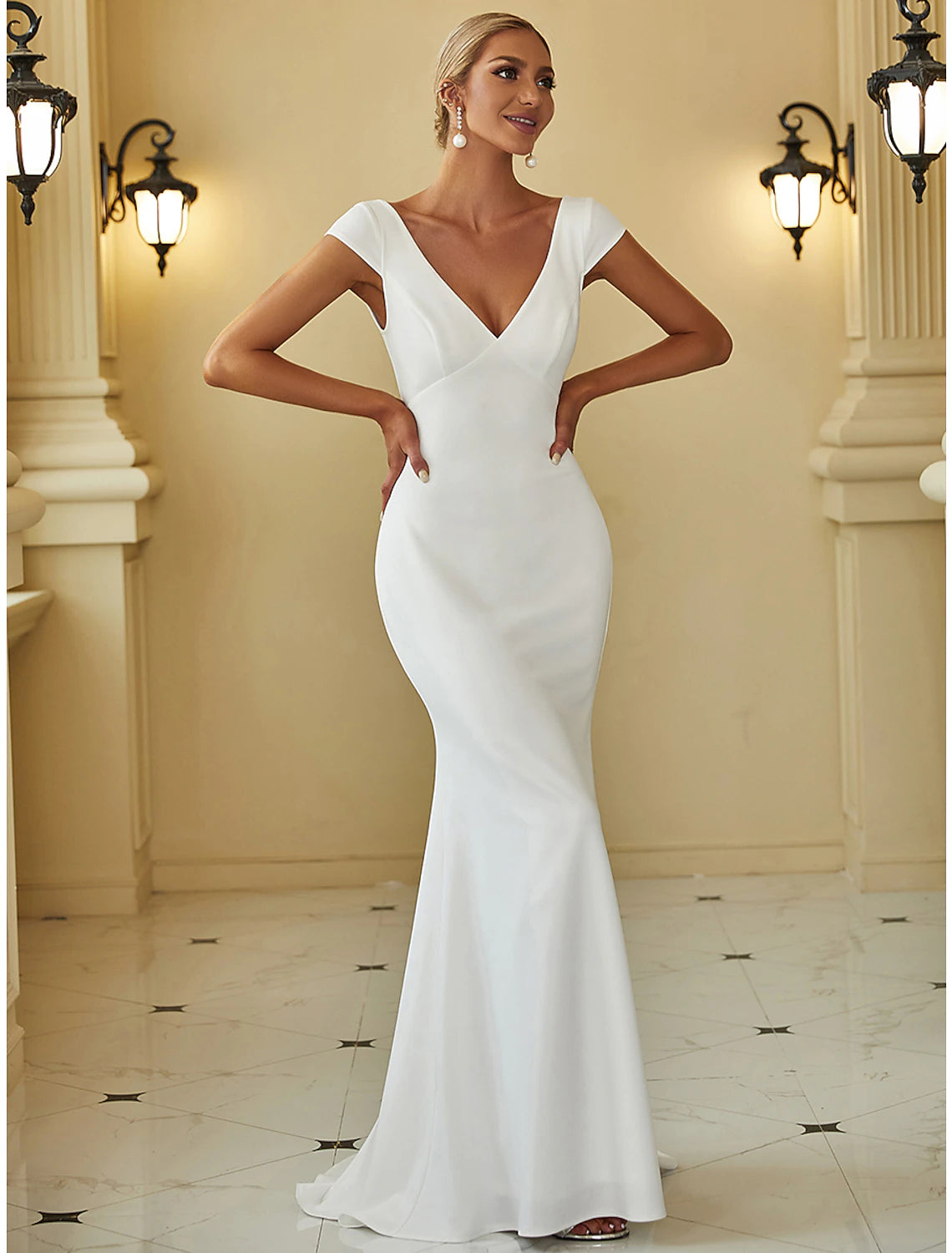 Weitese Reception Simple Wedding Dresses Mermaid / Trumpet V Neck Cap Sleeve Sweep / Brush Train Stretch Fabric Bridal Gowns With Draping Solid Color