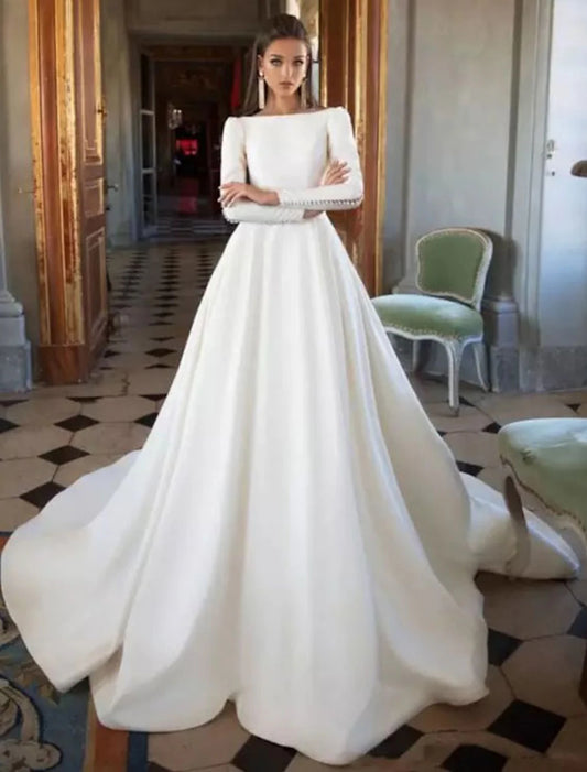 Weitese Formal Wedding Dresses Ball Gown Scoop Neck Long Sleeve Court Train Satin Bridal Gowns With Buttons Pleats