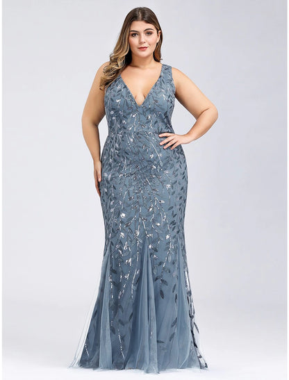 Weitese Mermaid / Trumpet Plus Size Sexy Prom Formal Evening Dress V Neck Sleeveless Floor Length Tulle with Appliques