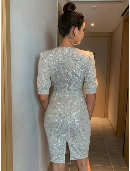 Women's Silver Sequin Dress Party Dress Sparkly Dress Homecoming Dress Silver Black Long Sleeve Solid Color Summer Spring Fall V Neck Fashion Winter Dress