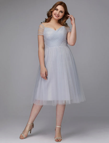 Weitese A-Line Elegant Dress Wedding Guest Cocktail Party Tea Length Short Sleeve Off Shoulder Tulle with Sash / Ribbon Criss Cross