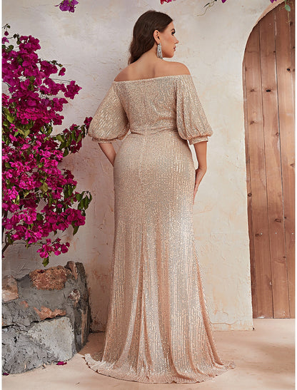 Weitese A-Line Wedding Guest Dresses Elegant Dress Formal Evening Party Sweep / Brush Train Half Sleeve Off Shoulder Polyester with Beading