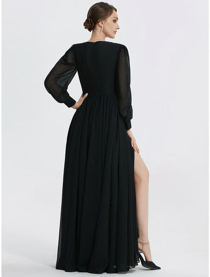 Weitese A-Line Evening Gown Elegant Dress Formal Floor Length Long Sleeve V Neck Chiffon with Slit