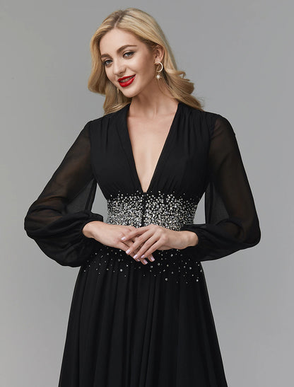 Weitese A-Line Evening Dress Celebrity Red Carpet Formal Gown Party Dress Black Tie Wedding Guest Floor Length Long Sleeve V Neck Chiffon with Sequin