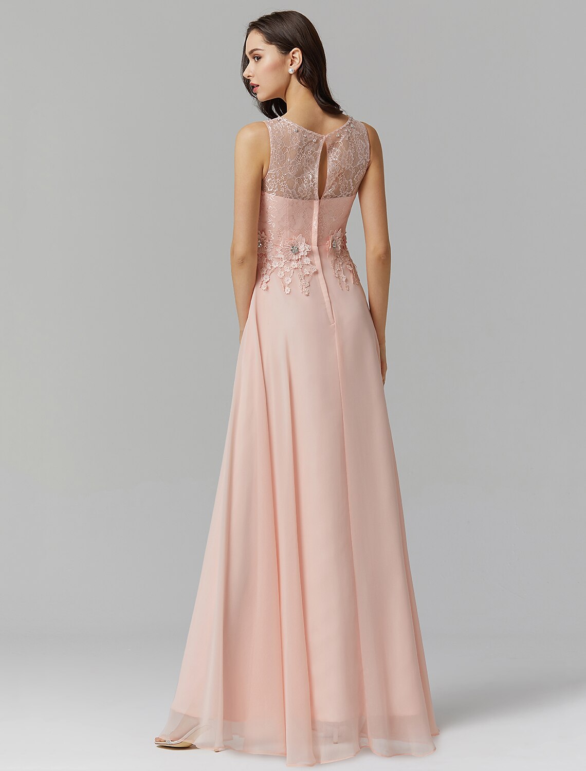 Weitese A-Line Empire Dress Valentine's Day Wedding Guest Floor Length Sleeveless Illusion Neck Bridesmaid Dress Chiffon with Beading Appliques