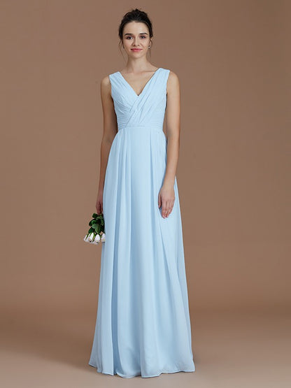 Weitese A-Line/Princess V-neck Sleeveless Ruched Floor-Length Chiffon Bridesmaid Dresses