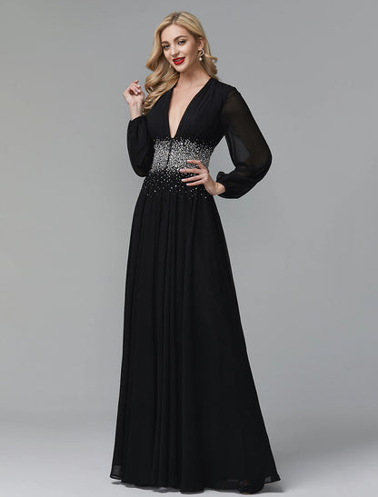 Weitese A-Line Evening Dress Celebrity Red Carpet Formal Gown Party Dress Black Tie Wedding Guest Floor Length Long Sleeve V Neck Chiffon with Sequin