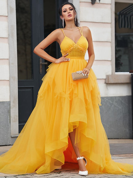 Weitese A-Line/Princess Tulle Ruffles V-neck Sleeveless Asymmetrical Dresses